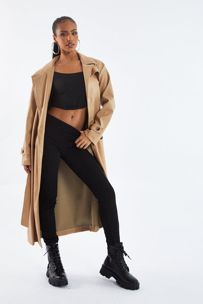 Beige Faux Leather Oversized Double Breasted Trench Coat- Xia