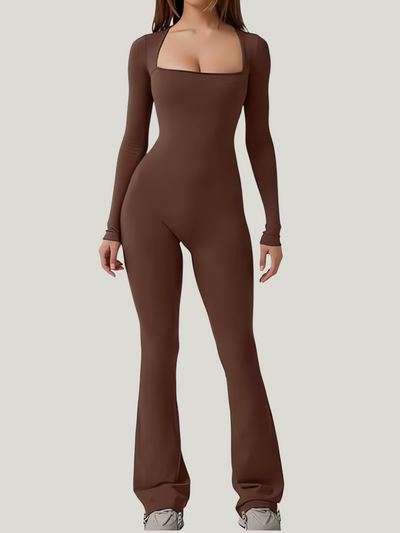 Stretch Bodycon Jumpsuit voor Dames met Lange Mouwen en Flared Pijpen