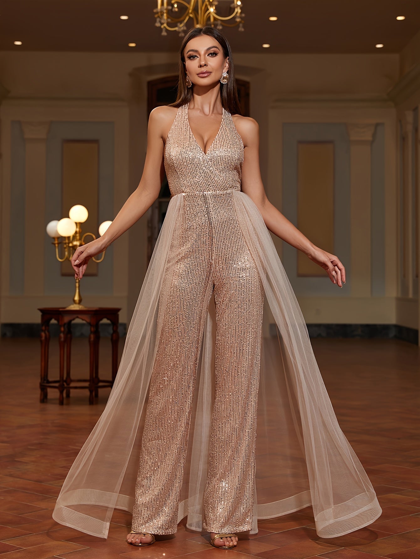 Sanya | Betoverende Pailletten Jumpsuit Met Tule-Overlay