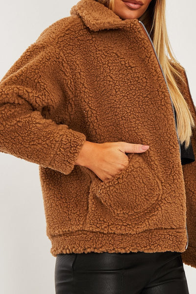 Brown Collar Zip Front Borg Teddy Jacket - Kaleah