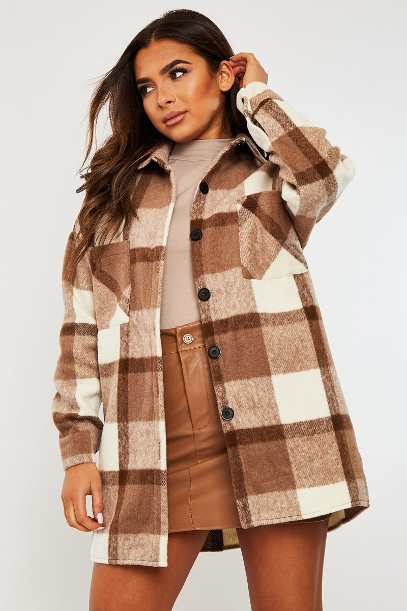 Camel Checked Wool Blend Oversized Shacket - Ronni