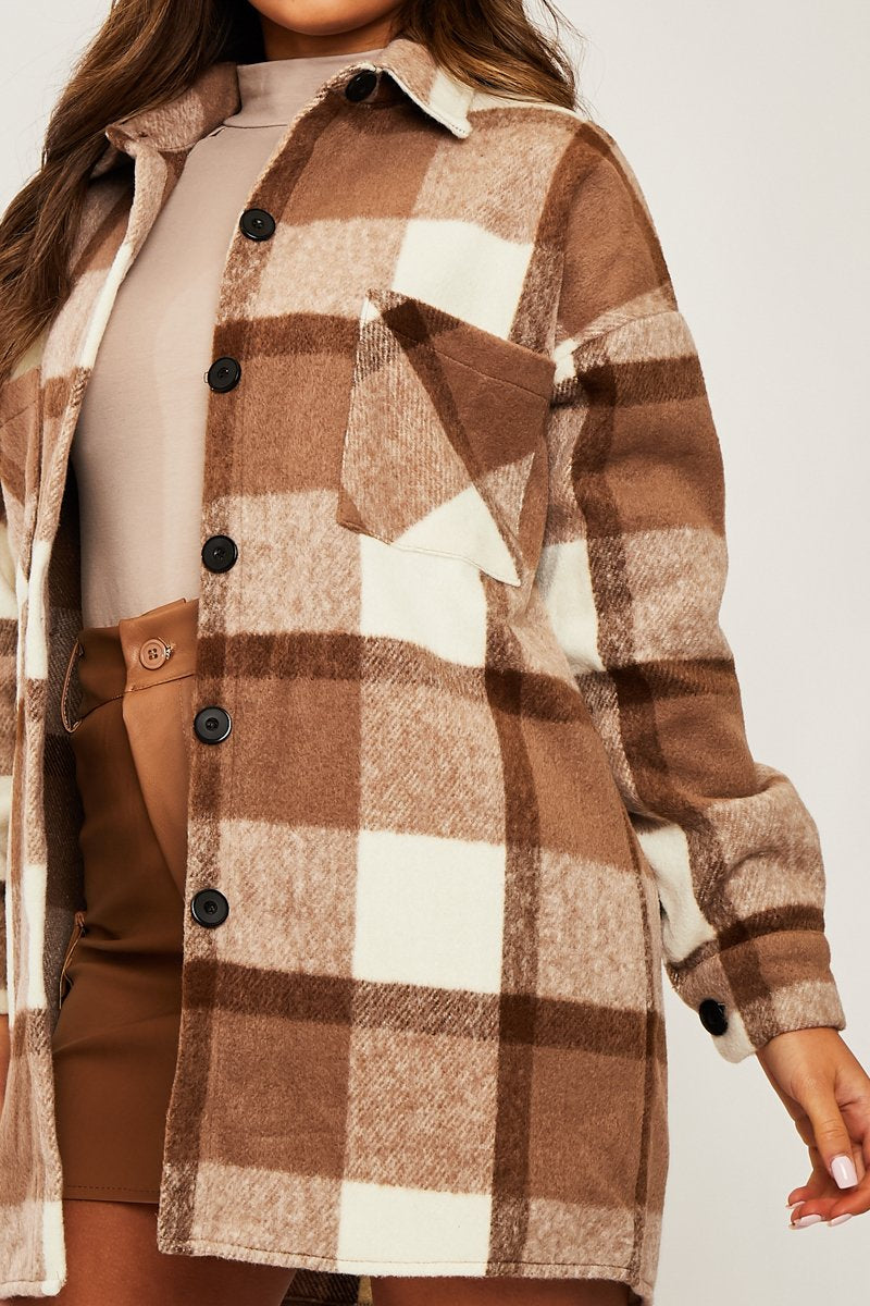 Camel Checked Wool Blend Oversized Shacket - Ronni