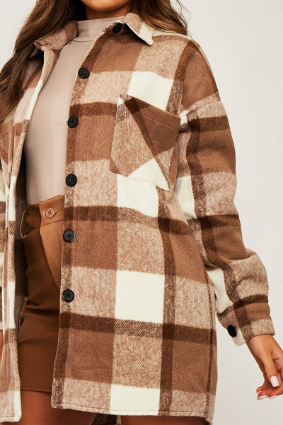 Camel Checked Wool Blend Oversized Shacket - Ronni