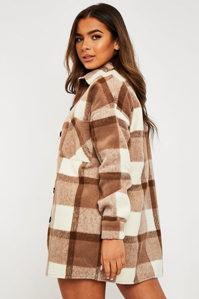 Camel Checked Wool Blend Oversized Shacket - Ronni