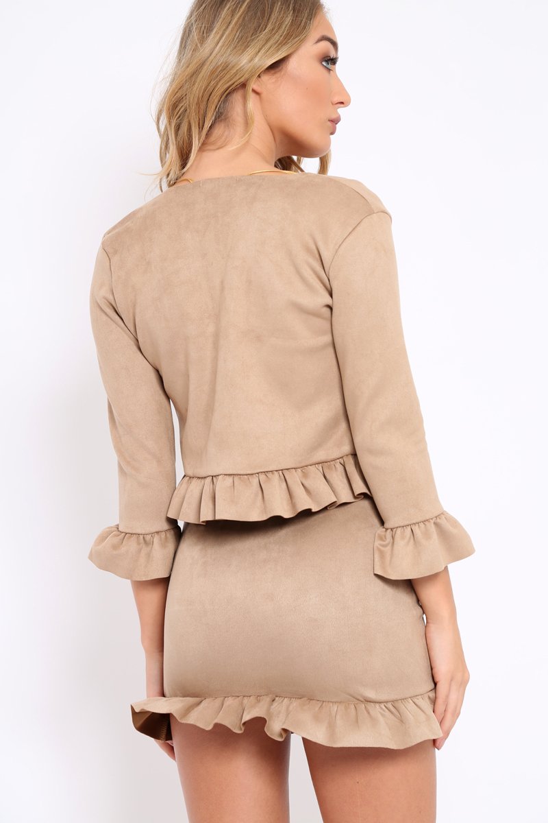 Camel Suedette Frill Hems Jacket - Elsa