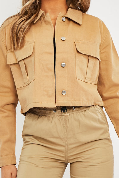 Camel Utility Pocket Cropped Denim Jacket - Elzie