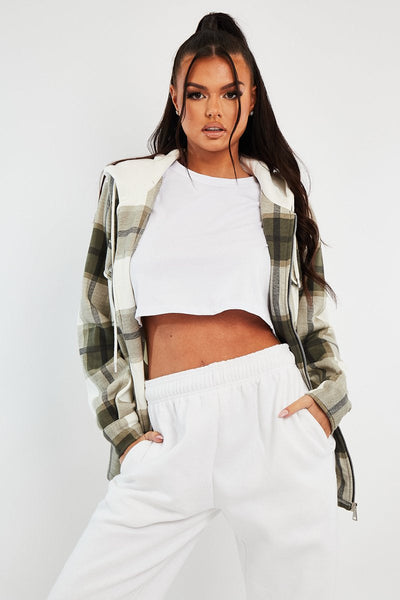 Khaki Check Hooded Shacket - Destyn