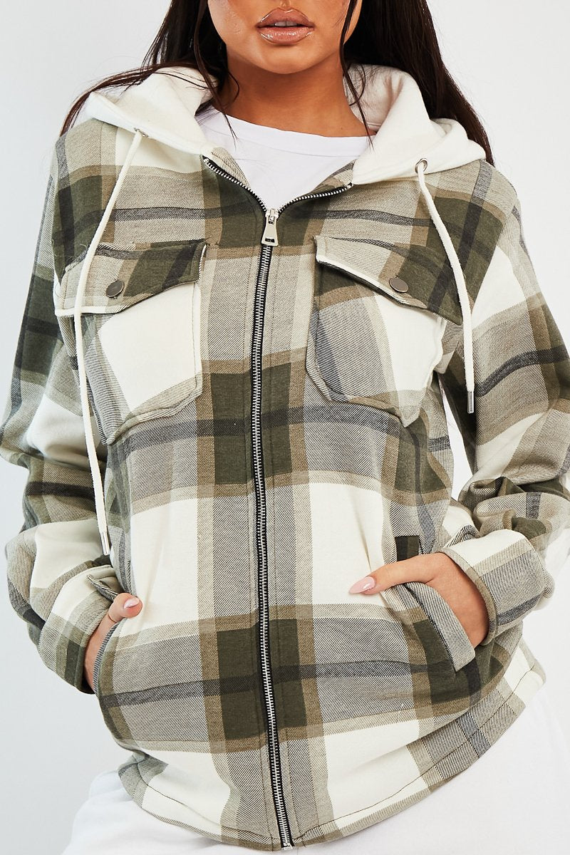 Khaki Check Hooded Shacket - Destyn
