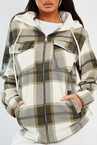 Khaki Check Hooded Shacket - Destyn