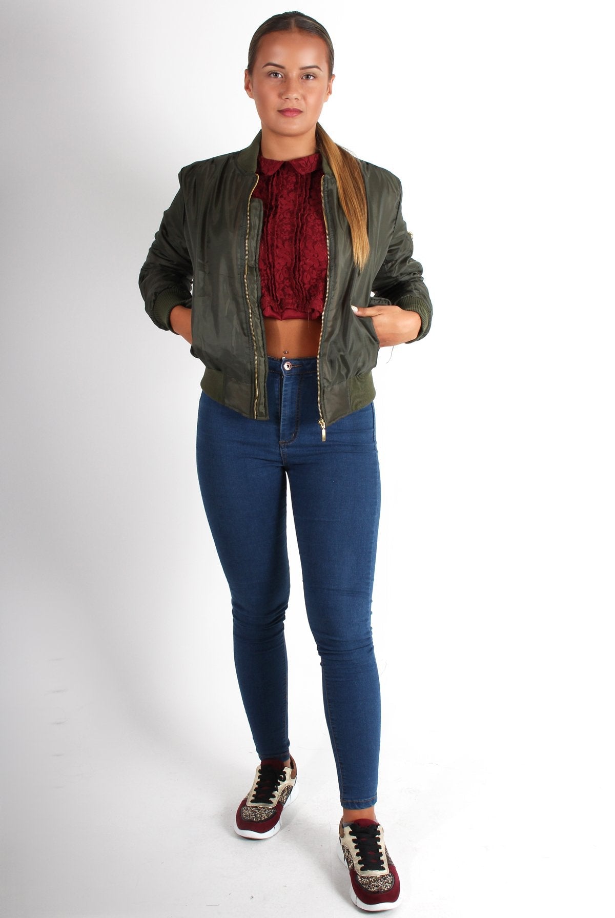 Kylie Khaki Zip Front Bomber Jacket