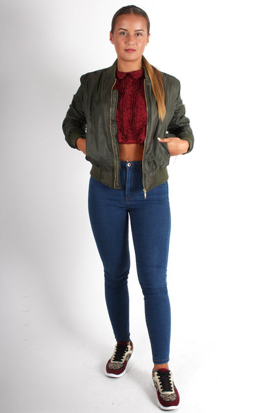 Kylie Khaki Zip Front Bomber Jacket