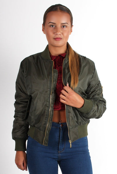 Kylie Khaki Zip Front Bomber Jacket