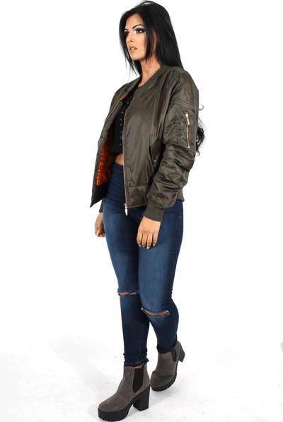 Kylie Khaki Zip Front Bomber Jacket