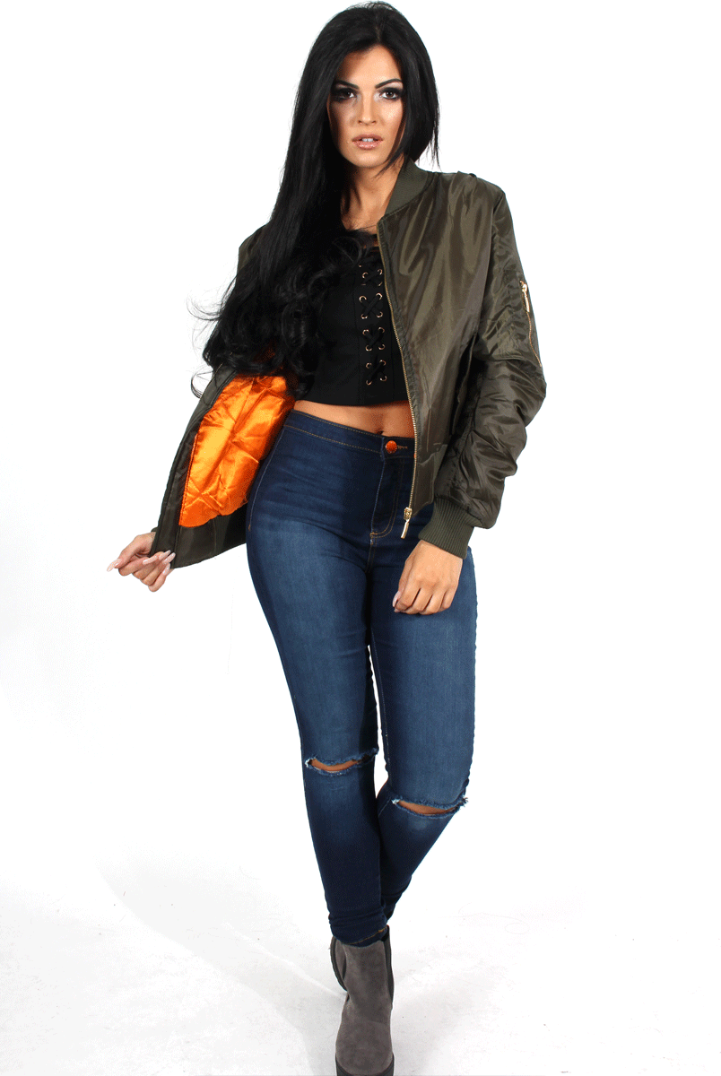 Kylie Khaki Zip Front Bomber Jacket