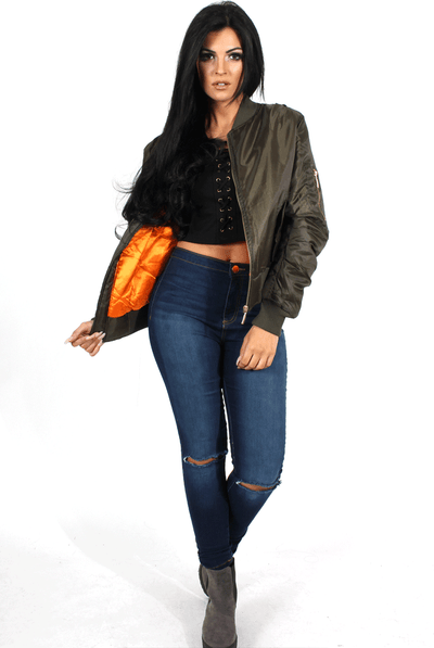 Kylie Khaki Zip Front Bomber Jacket