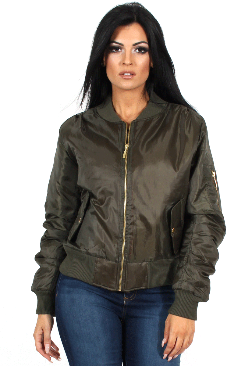 Kylie Khaki Zip Front Bomber Jacket