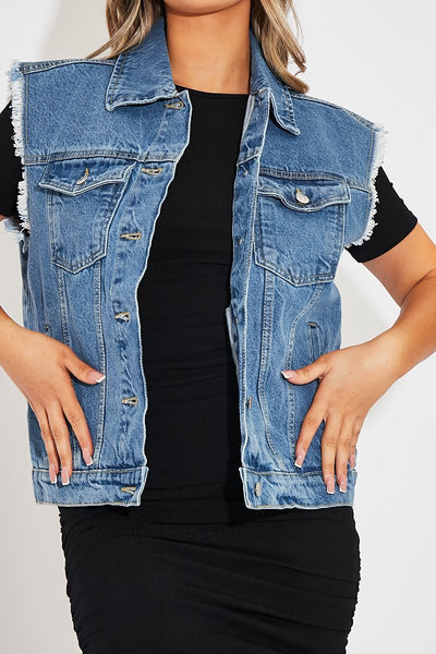 Mid Blue Frayed Hem Longline Denim Gilet - Cataliya