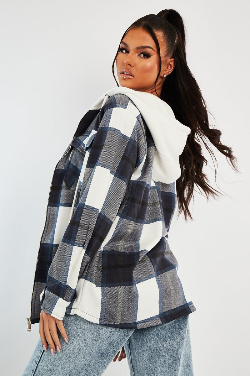 Navy Check Hooded Shacket - Destyn