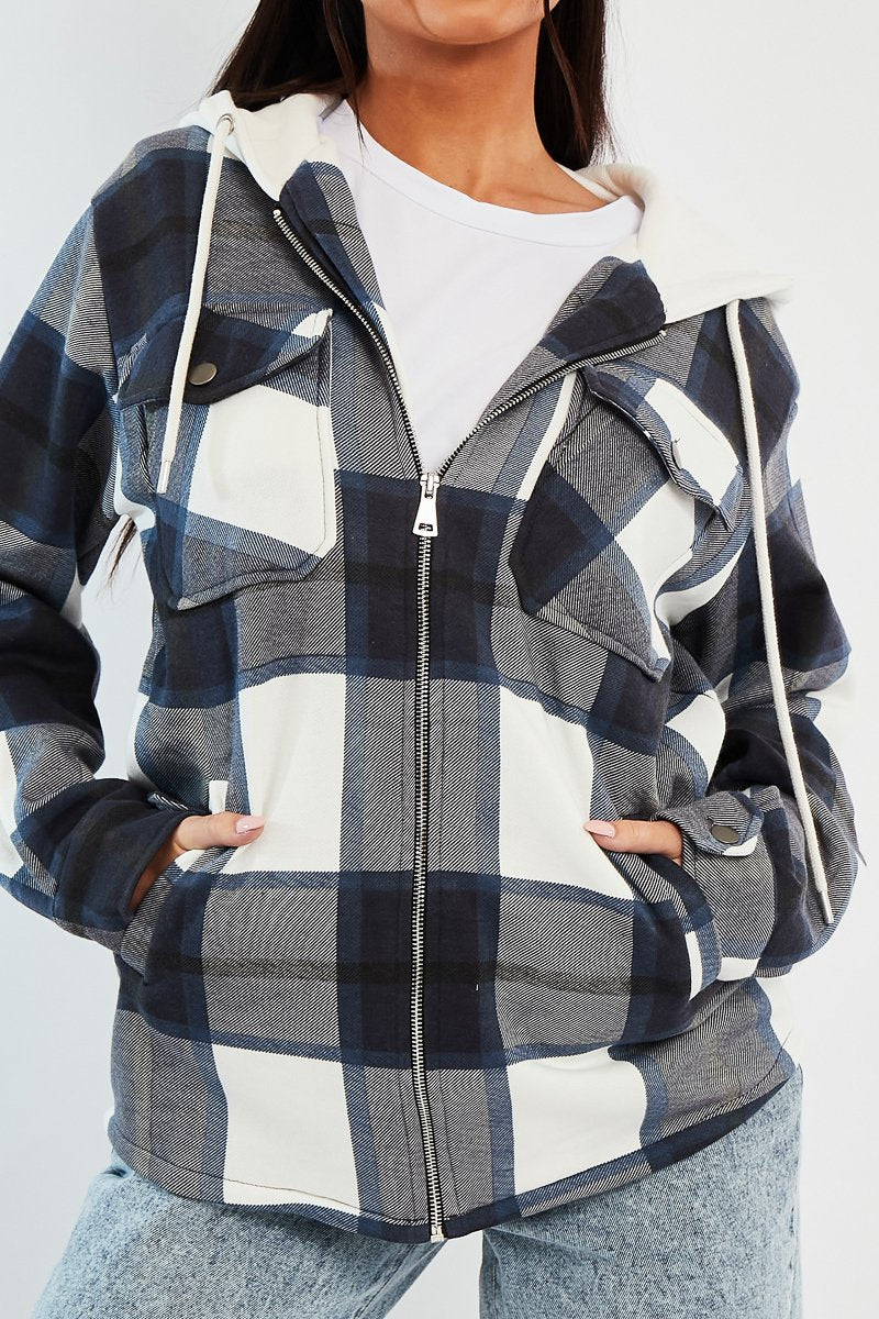 Navy Check Hooded Shacket - Destyn
