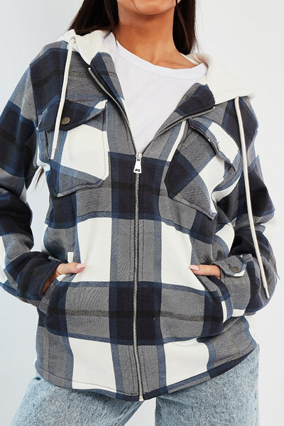 Navy Check Hooded Shacket - Destyn