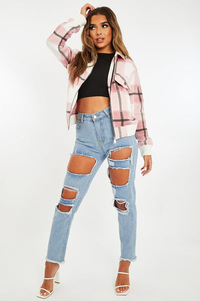 Pink Check Zip Front Bomber Jacket - Luna