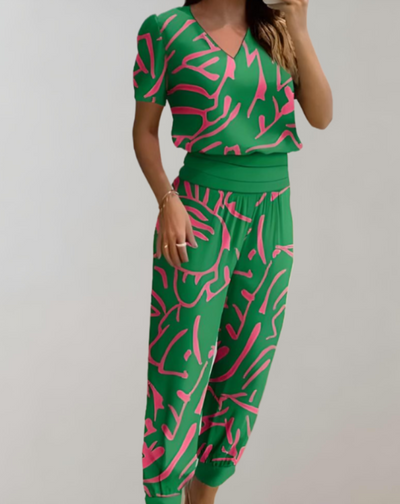 Portia | Tweedelige Jumpsuit met Print en V-Hals