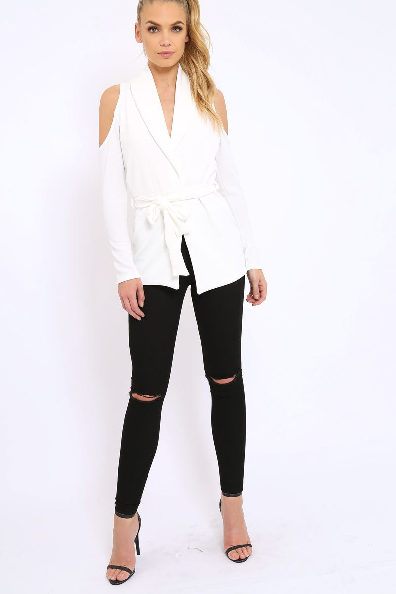 White Cold Shoulder Tie Waist Blazer - Agnes
