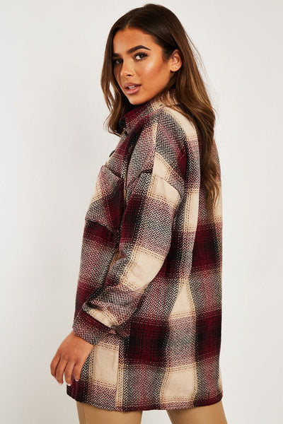Wine Textured Check Oversized Shacket - Saphia