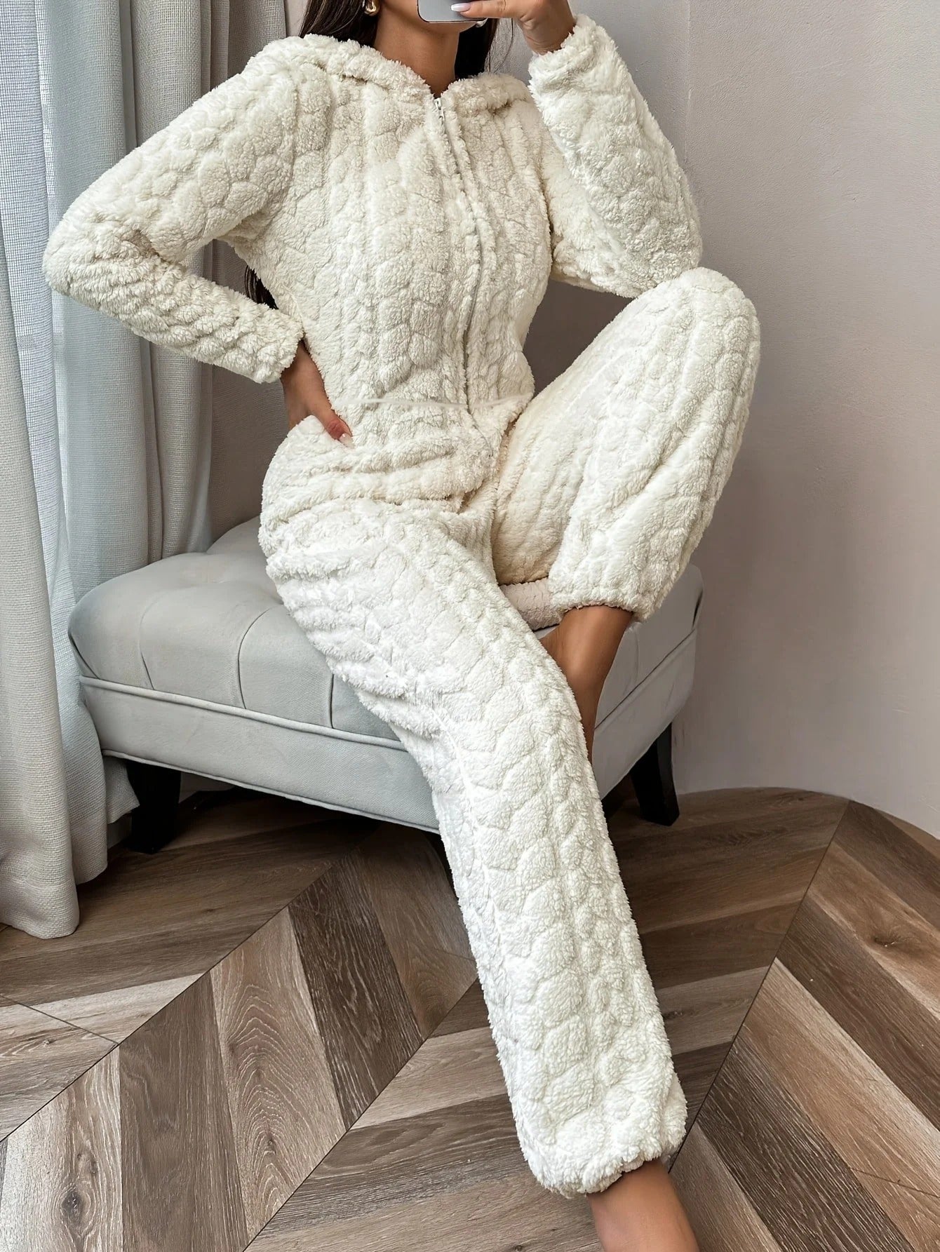 Witte Zachte Winterse Dames Fleece Jumpsuit Onesie met Rits