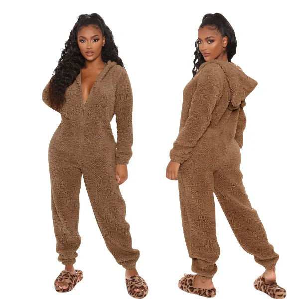 Warme Teddy Fleece Dames Onesie met Capuchon