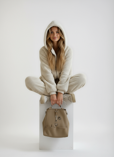Dames Beige Teddy Fleece Jumpsuit met Capuchon en Rits