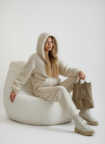 Dames Beige Teddy Fleece Jumpsuit met Capuchon en Rits